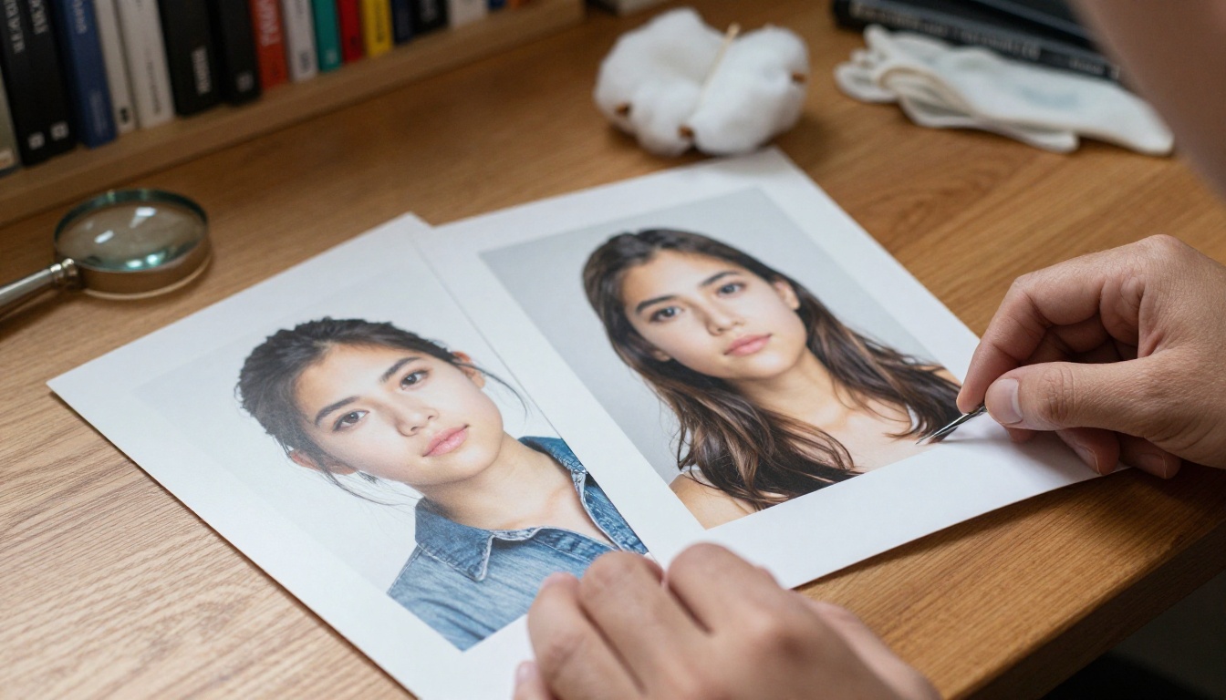 Photographer's hands holding an original portrait print beside a retouched print