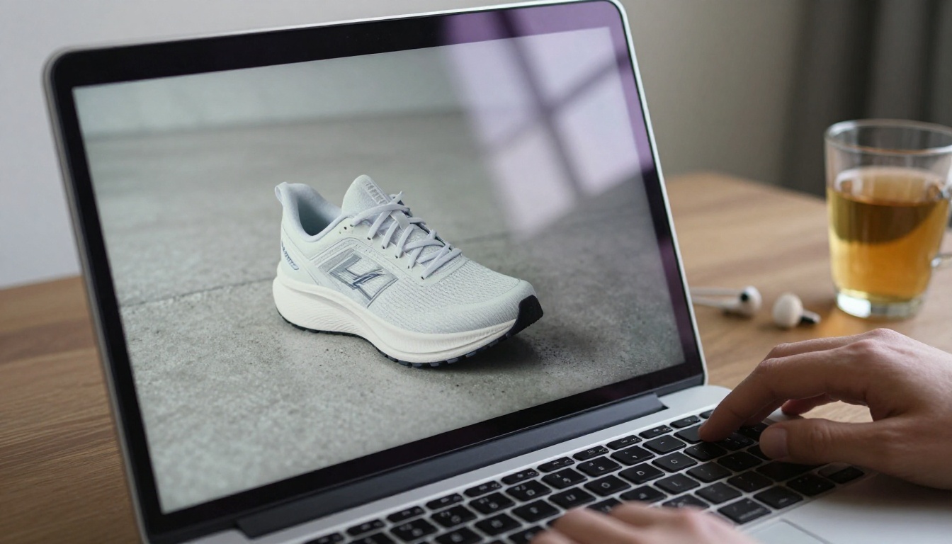 Close-up of a laptop screen showing white running sneakers being edited