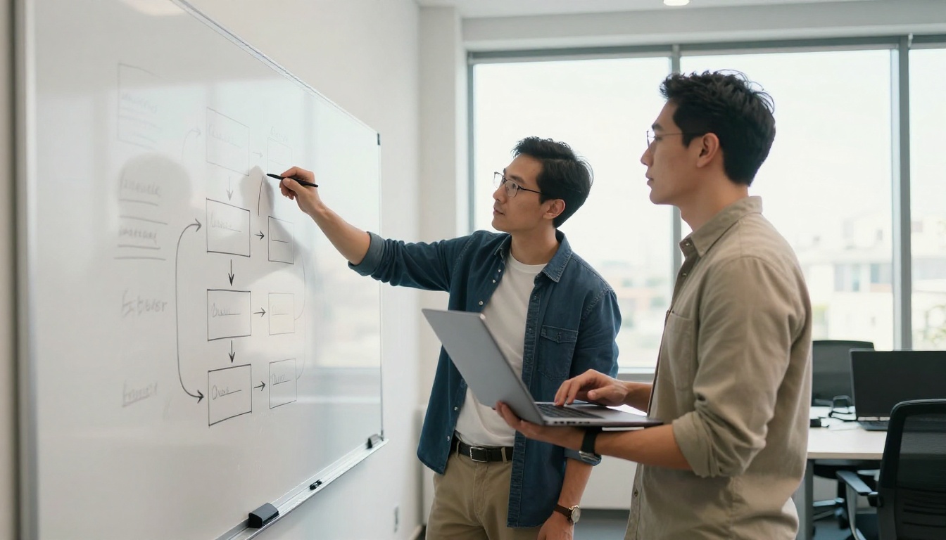 Two engineers at a whiteboard in a bright office, one pointing at a diagram of boxes and arrows