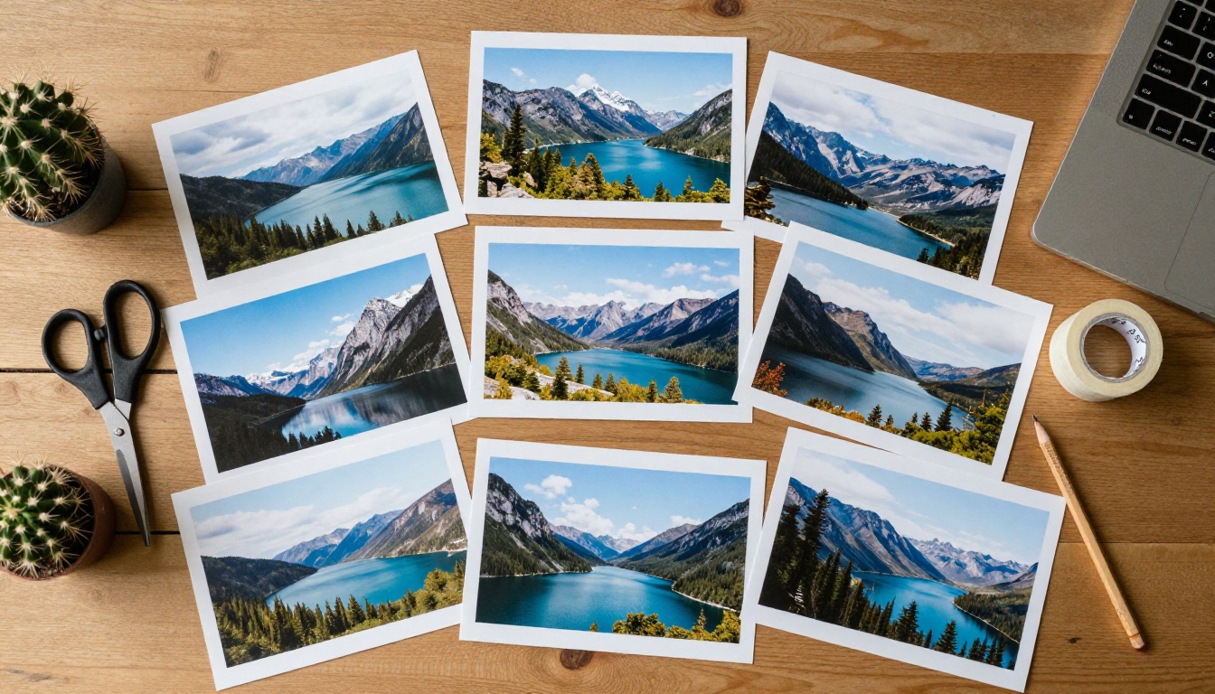 Aerial view of a desk piled with printed landscape photographs with brighter skies