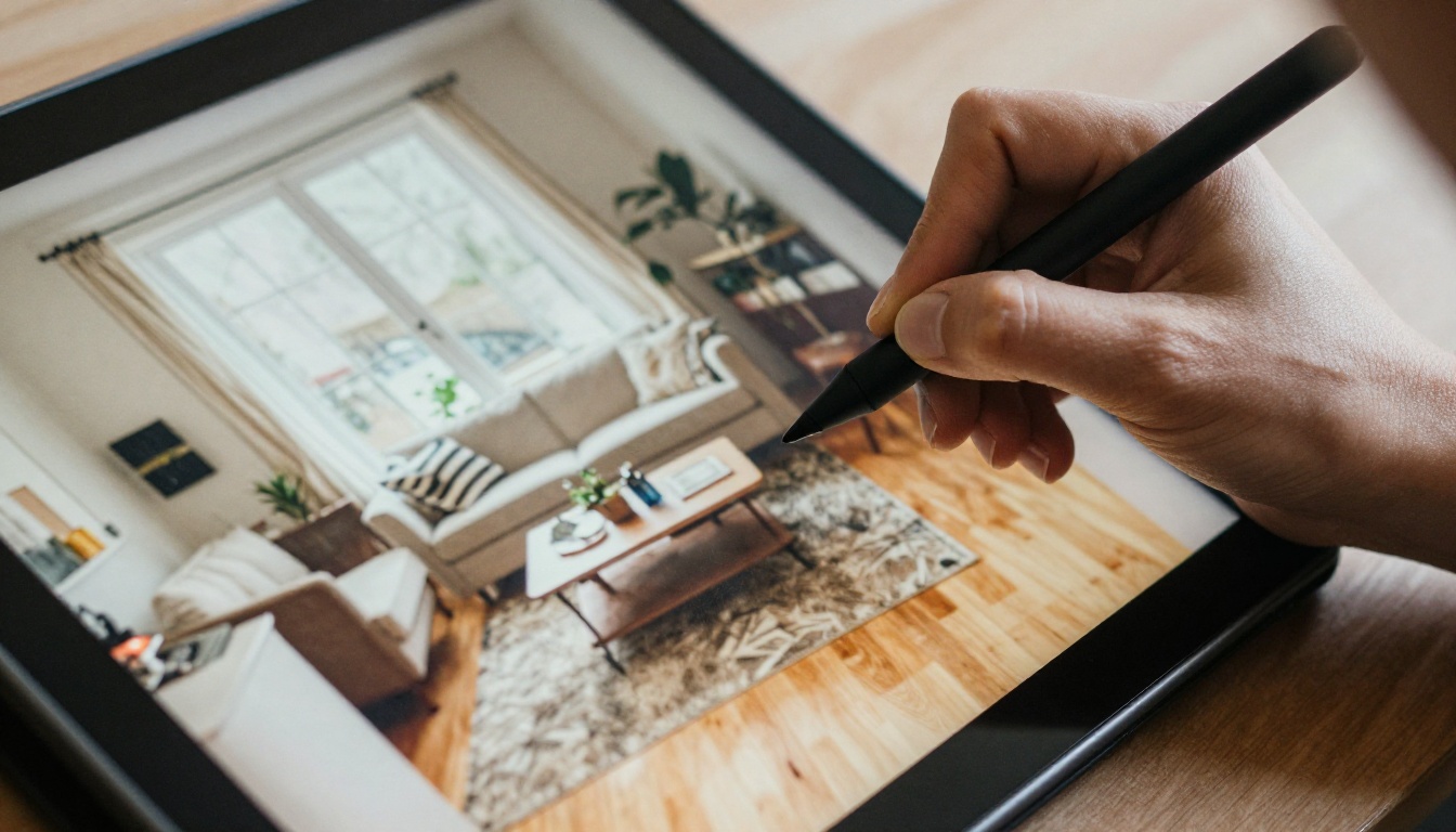 Woman's hands painting a selection on a tablet over a photo of a sunlit living room