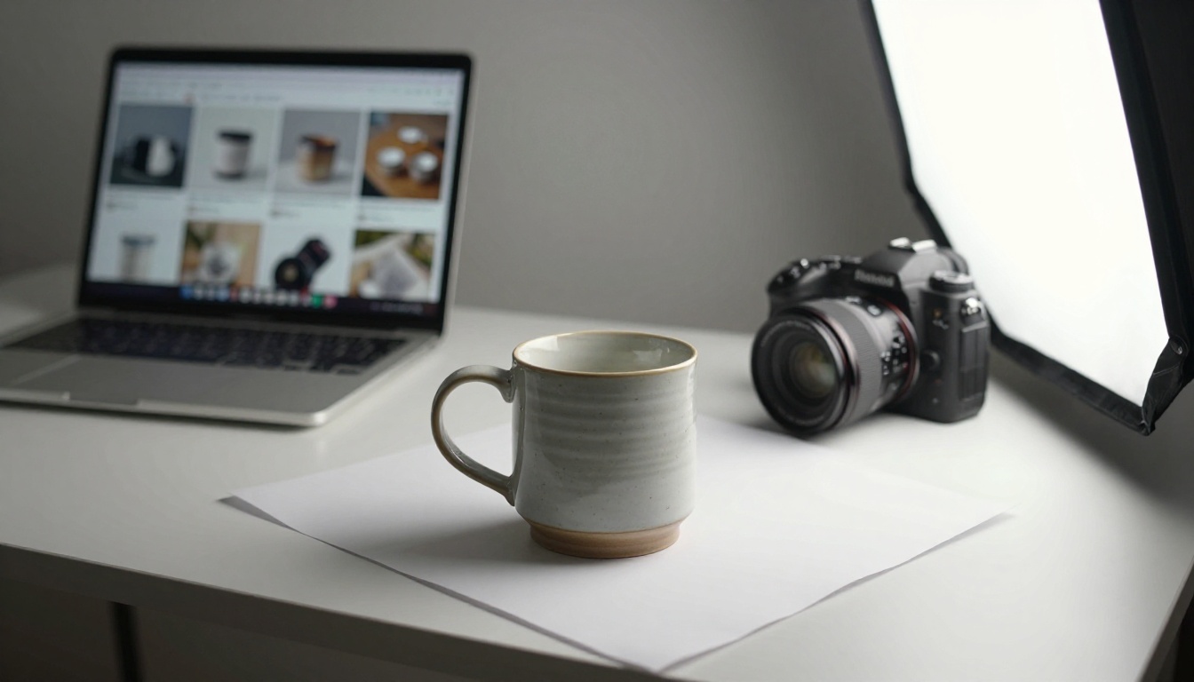 Small product photo studio with a ceramic mug on a white sweep and a softbox