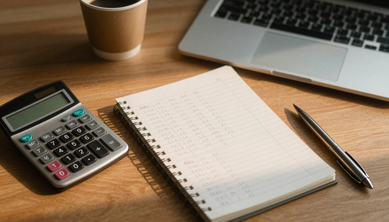 Desk with a calculator, a notebook of figures and a laptop with a blurred spreadsheet