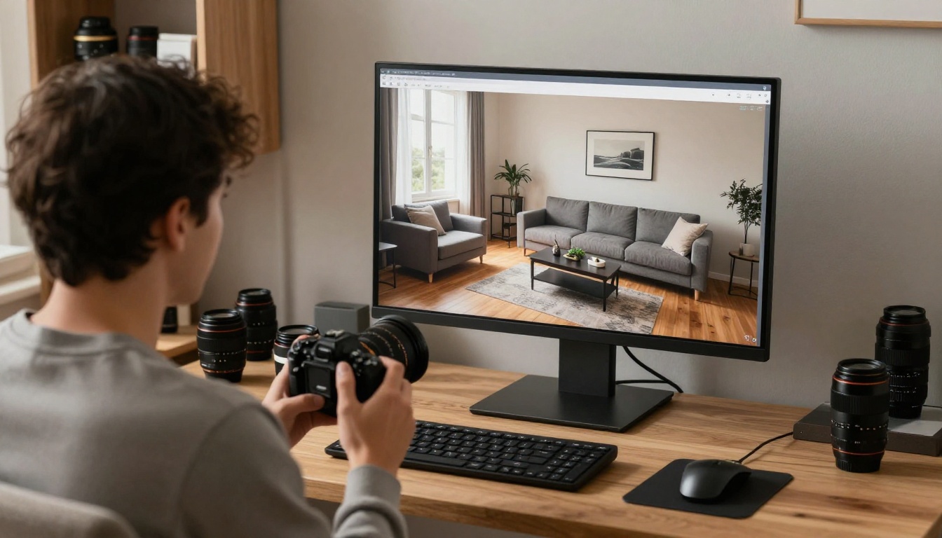 Real estate photographer seen from behind editing a bright living room photo on a monitor