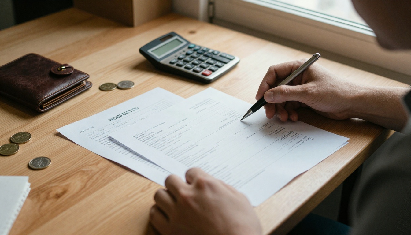 Low-angle view of a business owner reviewing printed invoices and a calculator on a sunlit table