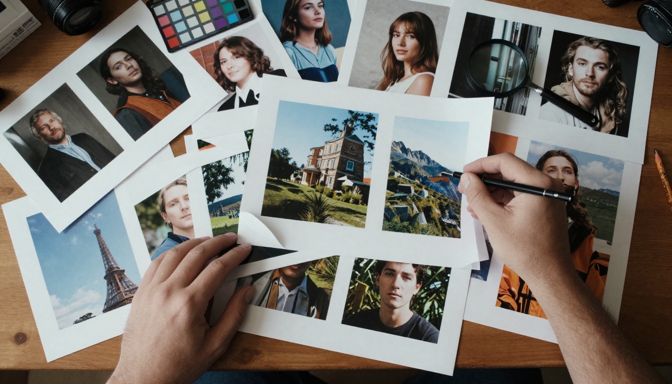 Aerial top-down view of a photographer's desk piled with large glossy prints and a loupe