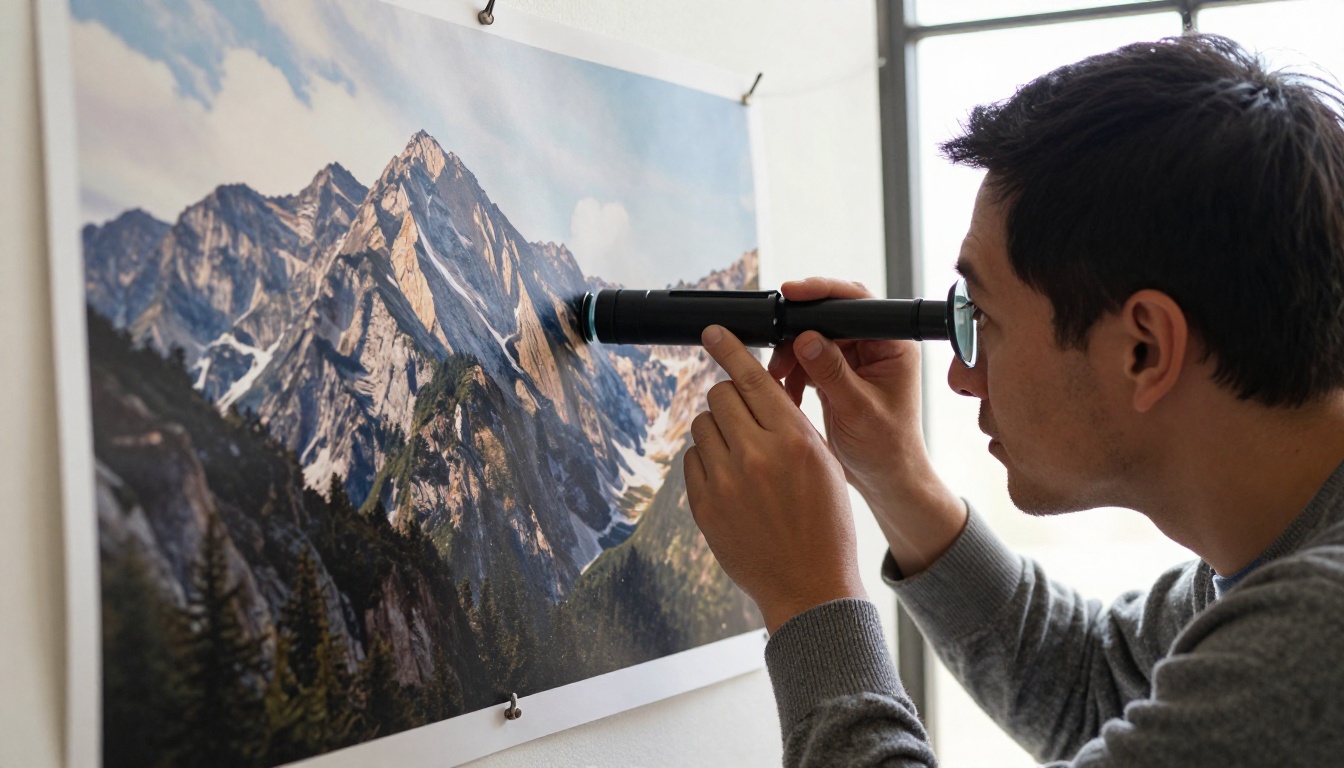 Medium close-up of a retoucher studying a large printed mountain landscape through a loupe