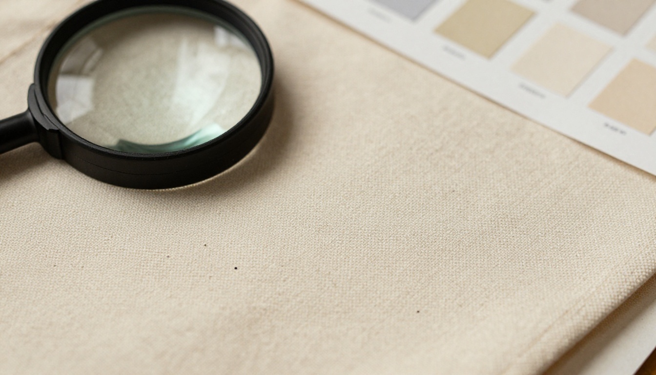 Macro photograph of a canvas tote bag stitched edge beside printed label swatches and a loupe