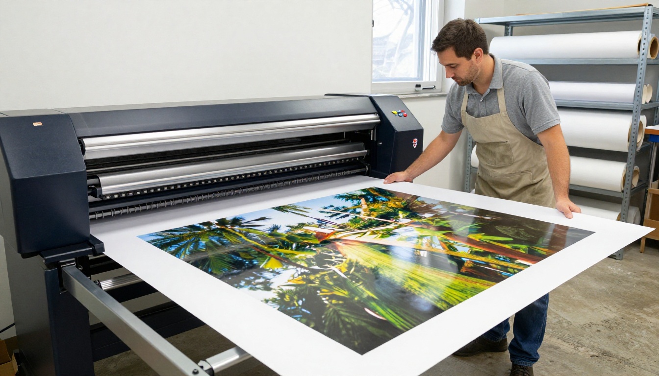Wide shot of a large-format inkjet printer producing a poster-sized landscape photograph in a print shop