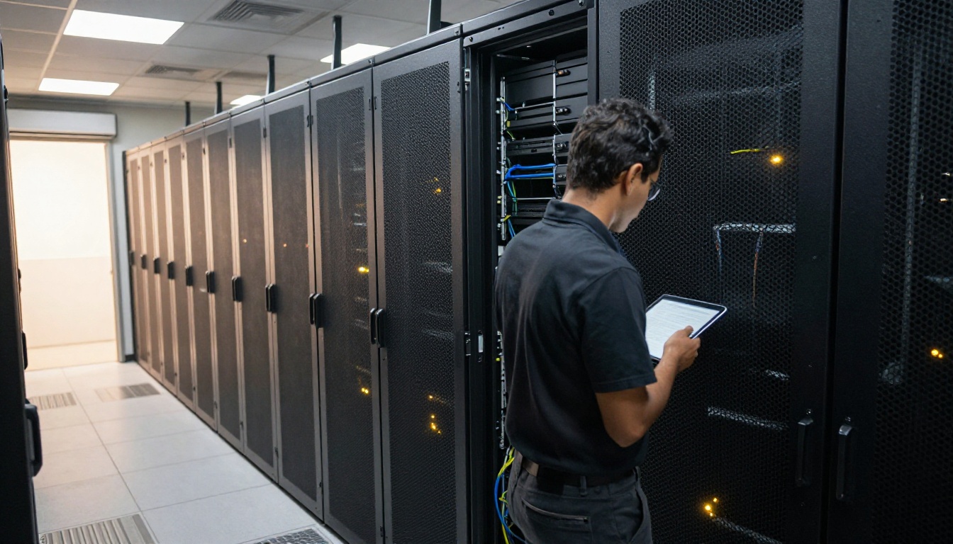 Technician walking between rows of black server racks with a tablet under mixed daylight and overhead light