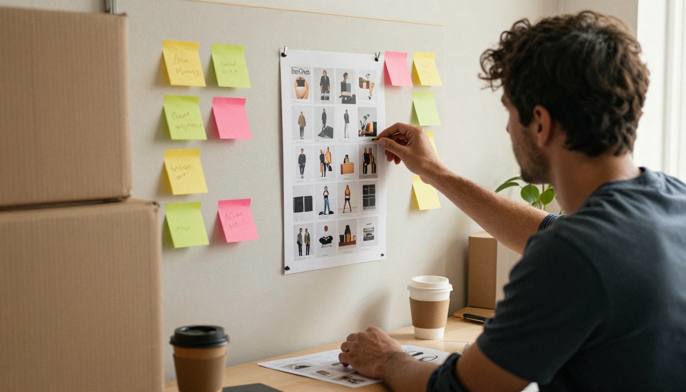 Two e-commerce team members pinning a printed grid of product photos on a wall board