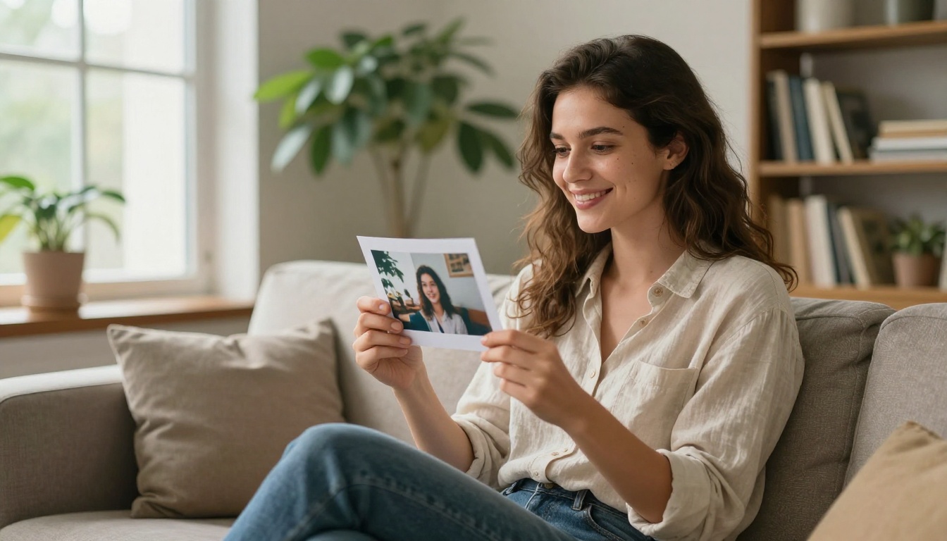 Smiling creative director holding up a printed photograph on a sunlit loft sofa