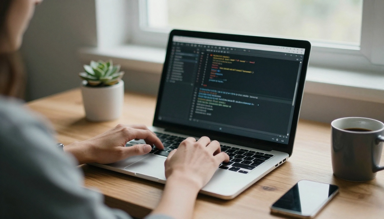 Developer hands typing on a laptop in a quiet home office