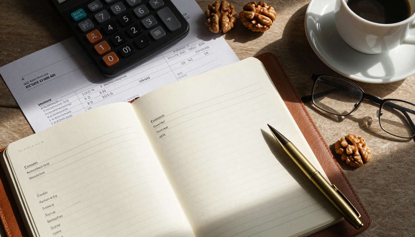 Overhead view of invoices, a calculator and a notebook of cost columns on a walnut desk