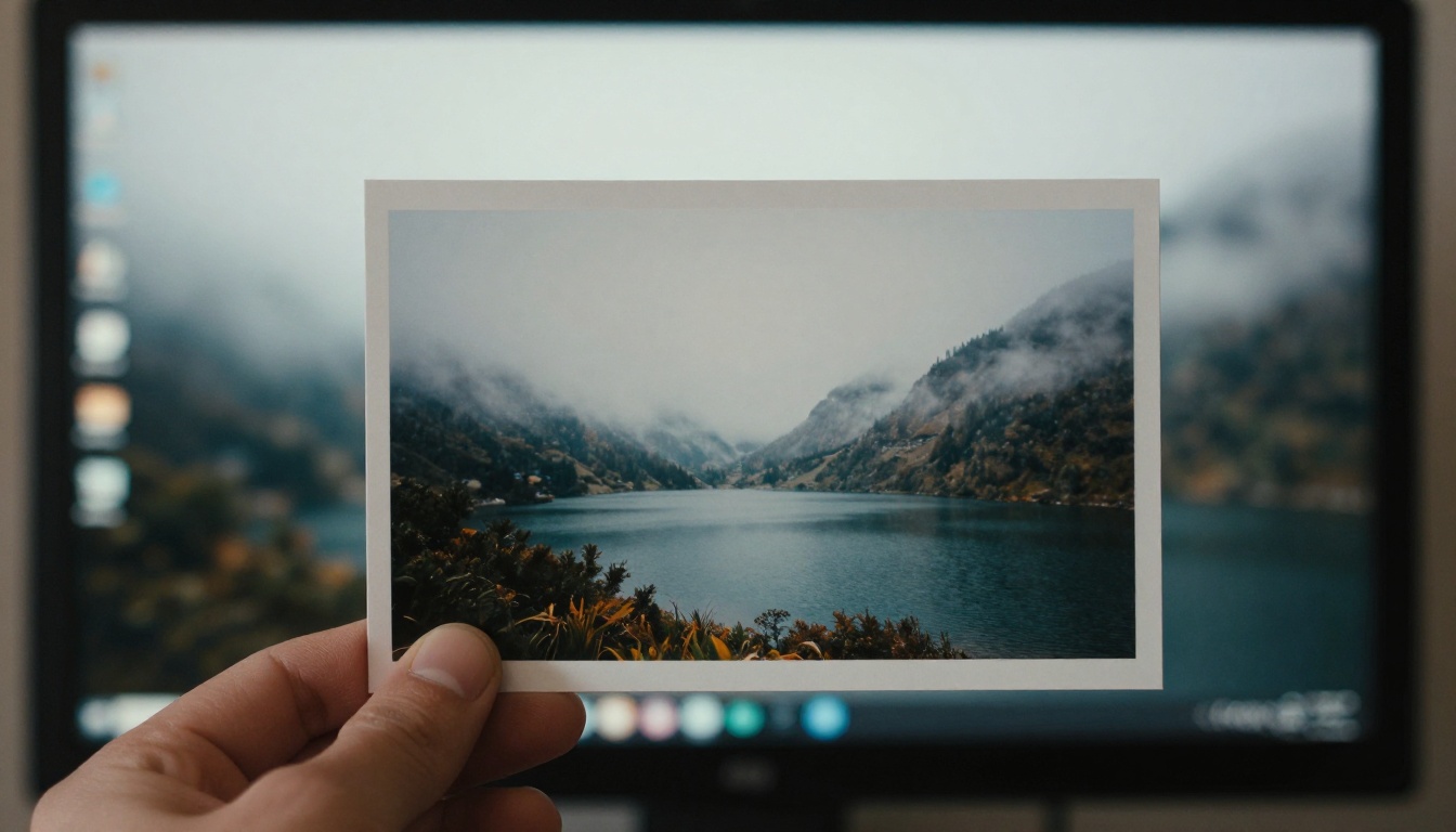 Photographer's fingers holding a printed landscape photo in front of a monitor