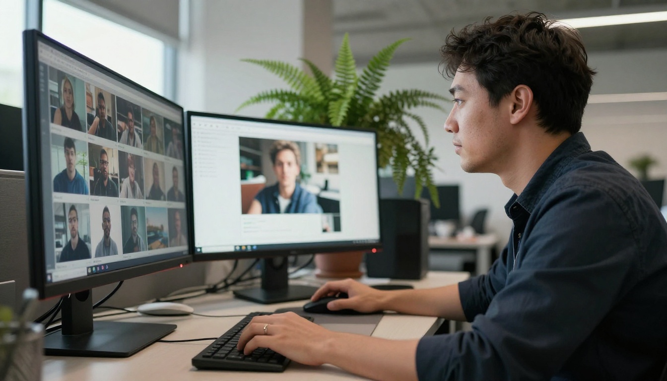 Content reviewer at a dual monitor workstation checking image thumbnails