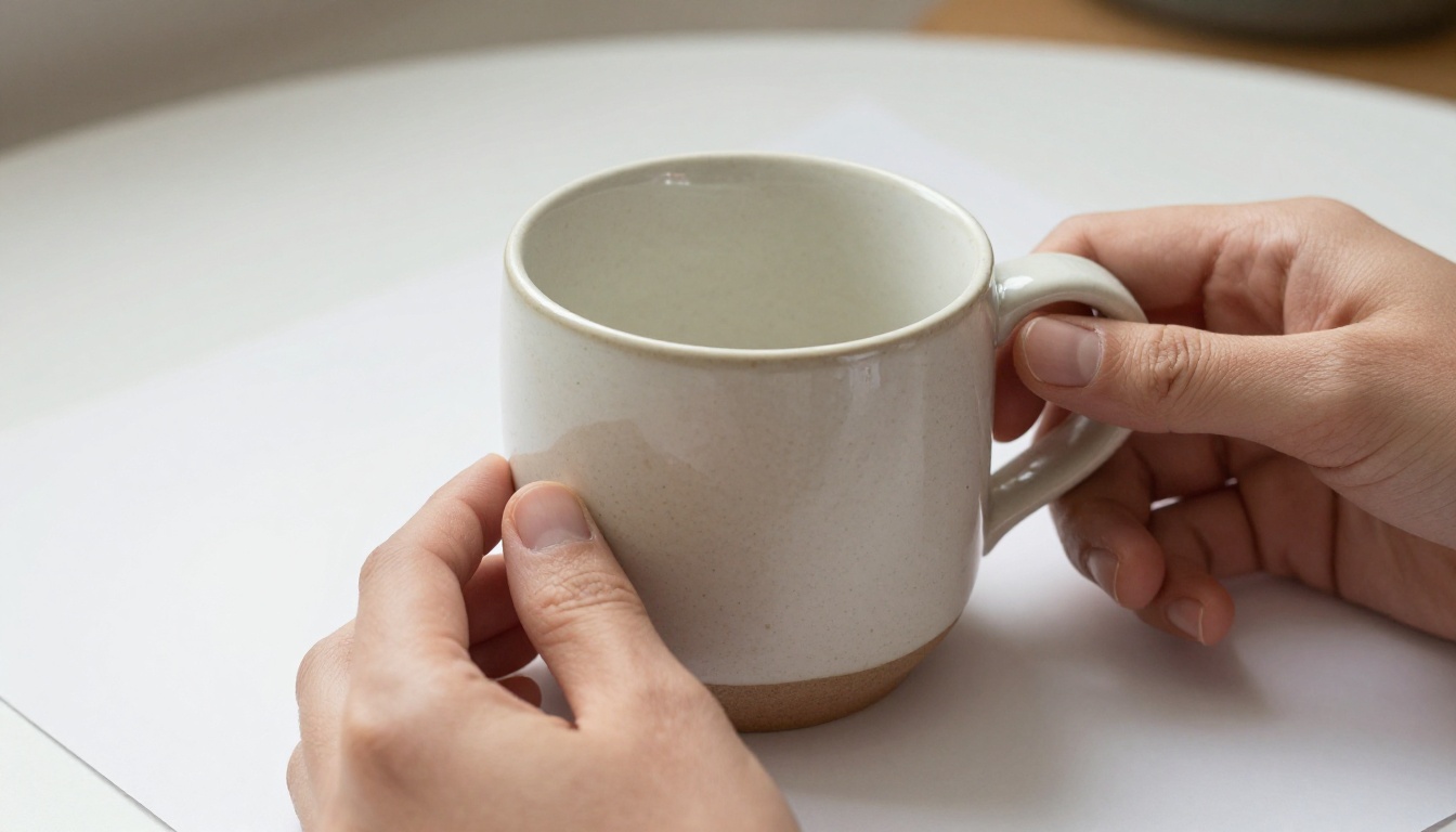 Hands placing a speckled ceramic mug on white paper under a softbox