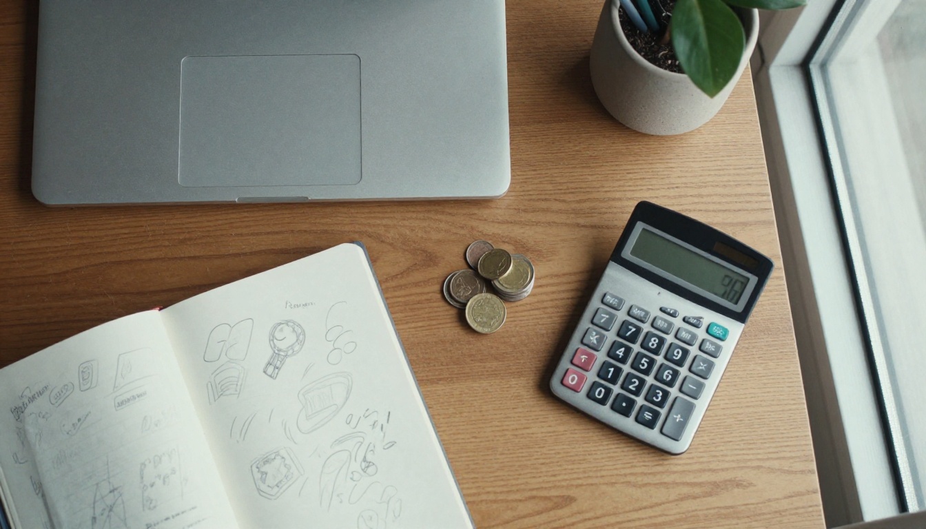 Flat lay of a wooden desk with a calculator, coins and a notebook