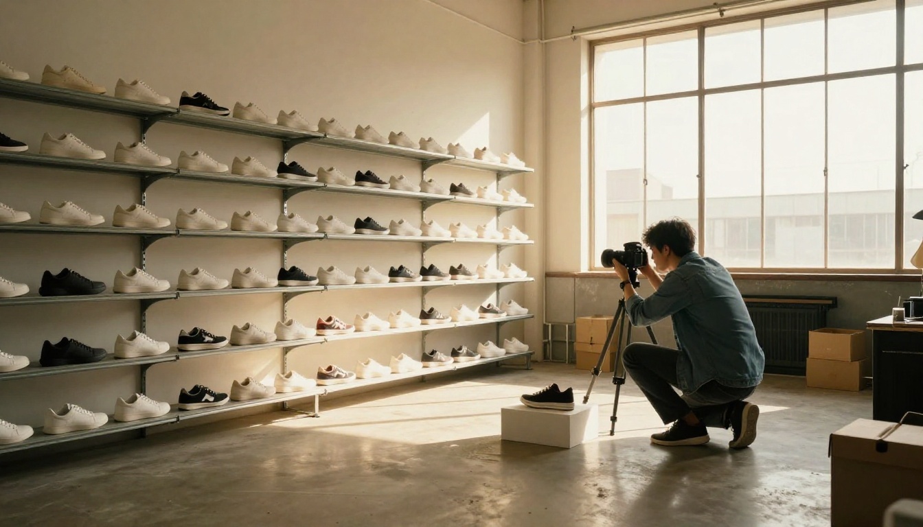 Wide shot of an e-commerce photo studio with rows of white sneakers on shelves