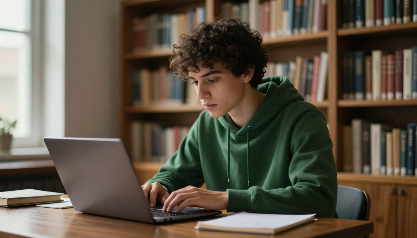 Young man in a green hoodie working at a library table with a laptop and notebook