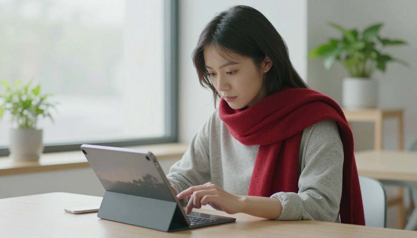 Woman in a red scarf editing a photo on a tablet at a bright co-working table