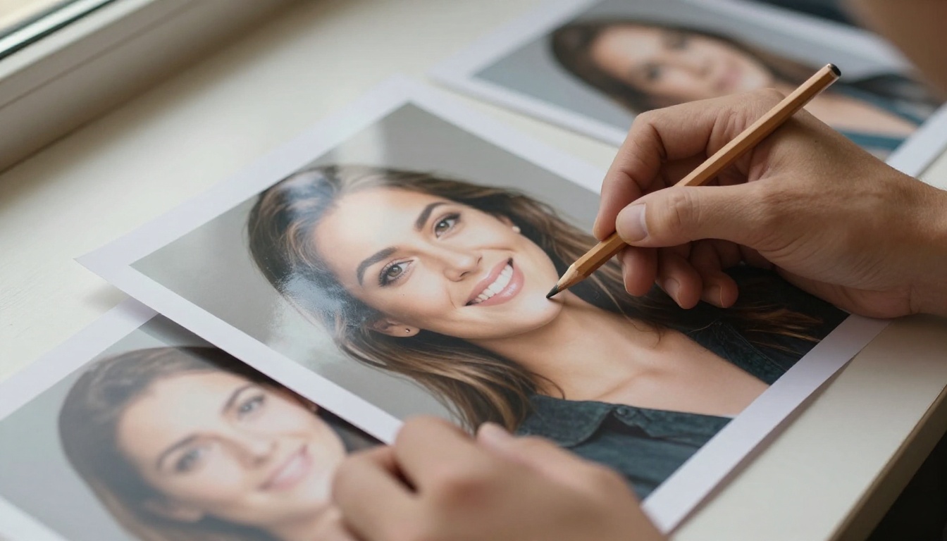 Hands holding a printed portrait with a pencil marking its edge