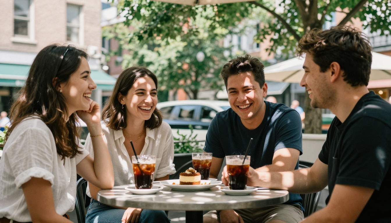 Four friends laughing at a cafe terrace table in dappled sunlight