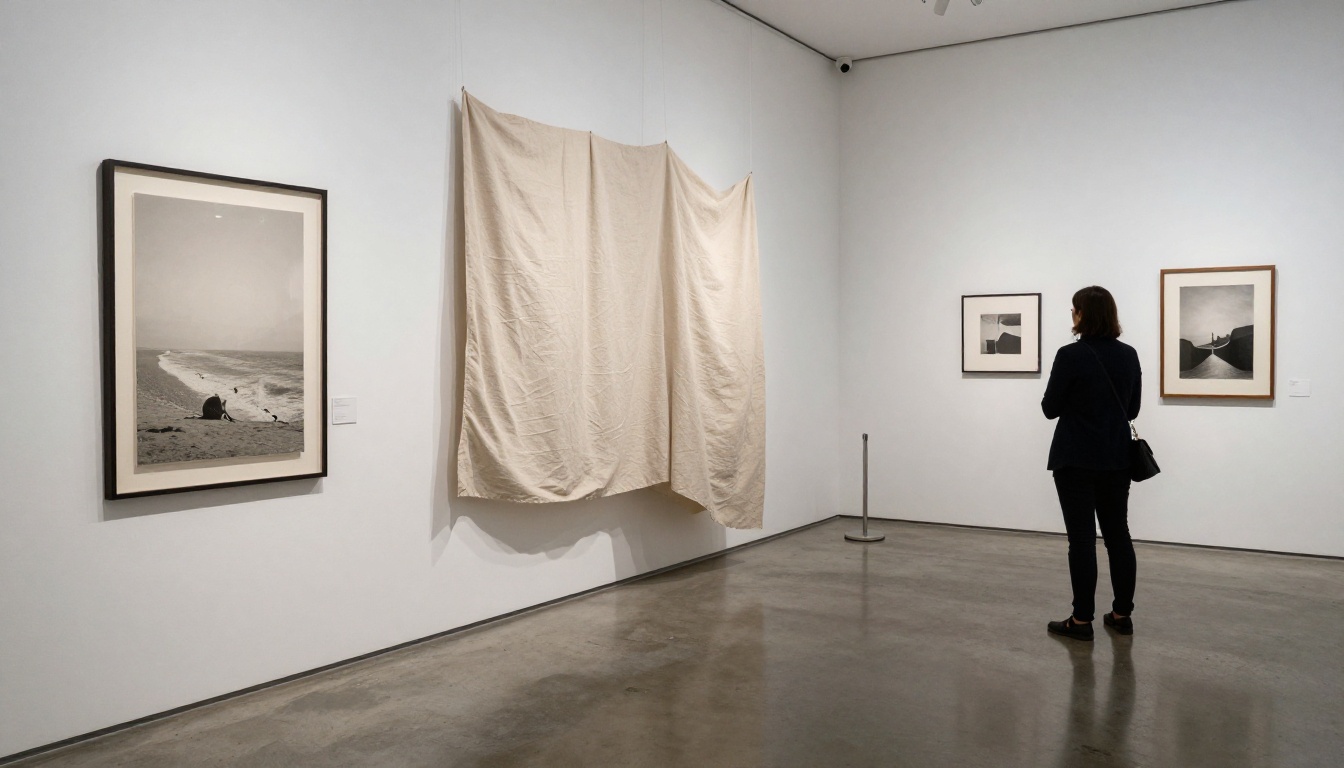 Gallery attendant beside a velvet rope and a partly draped framed photograph