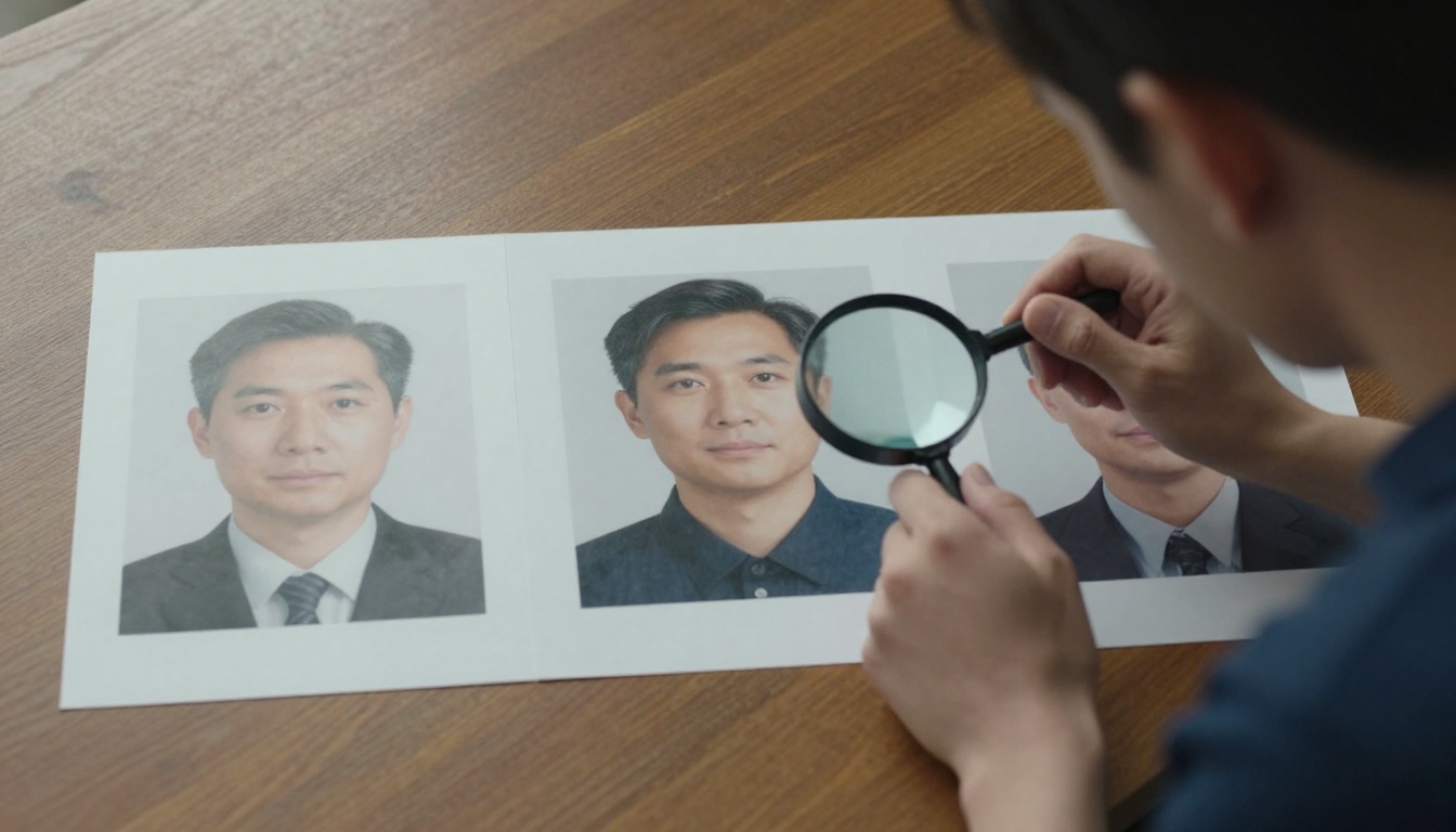 High angle view of a man comparing three printed portraits with a loupe