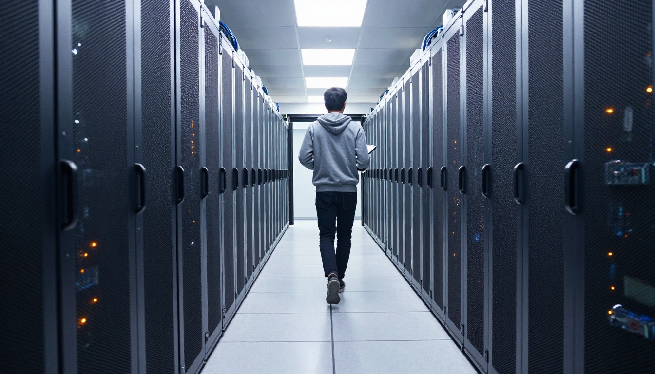 Technician walking through a data center aisle lined with server racks