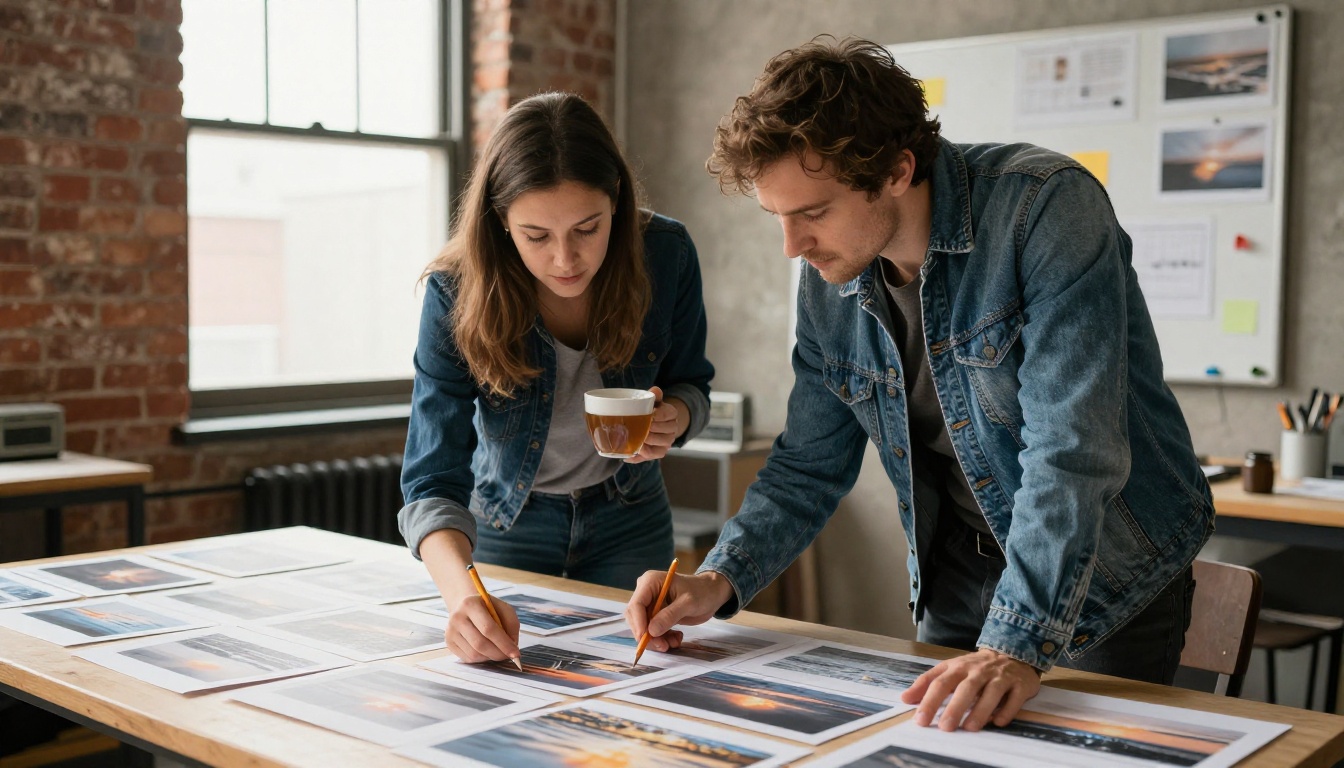 Two colleagues reviewing printed storyboard frames at a studio table