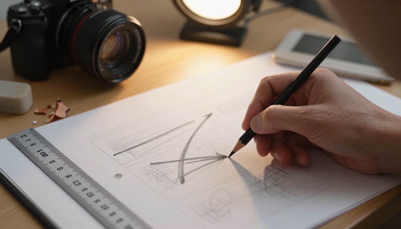Filmmaker sketching a camera movement arrow on a paper storyboard