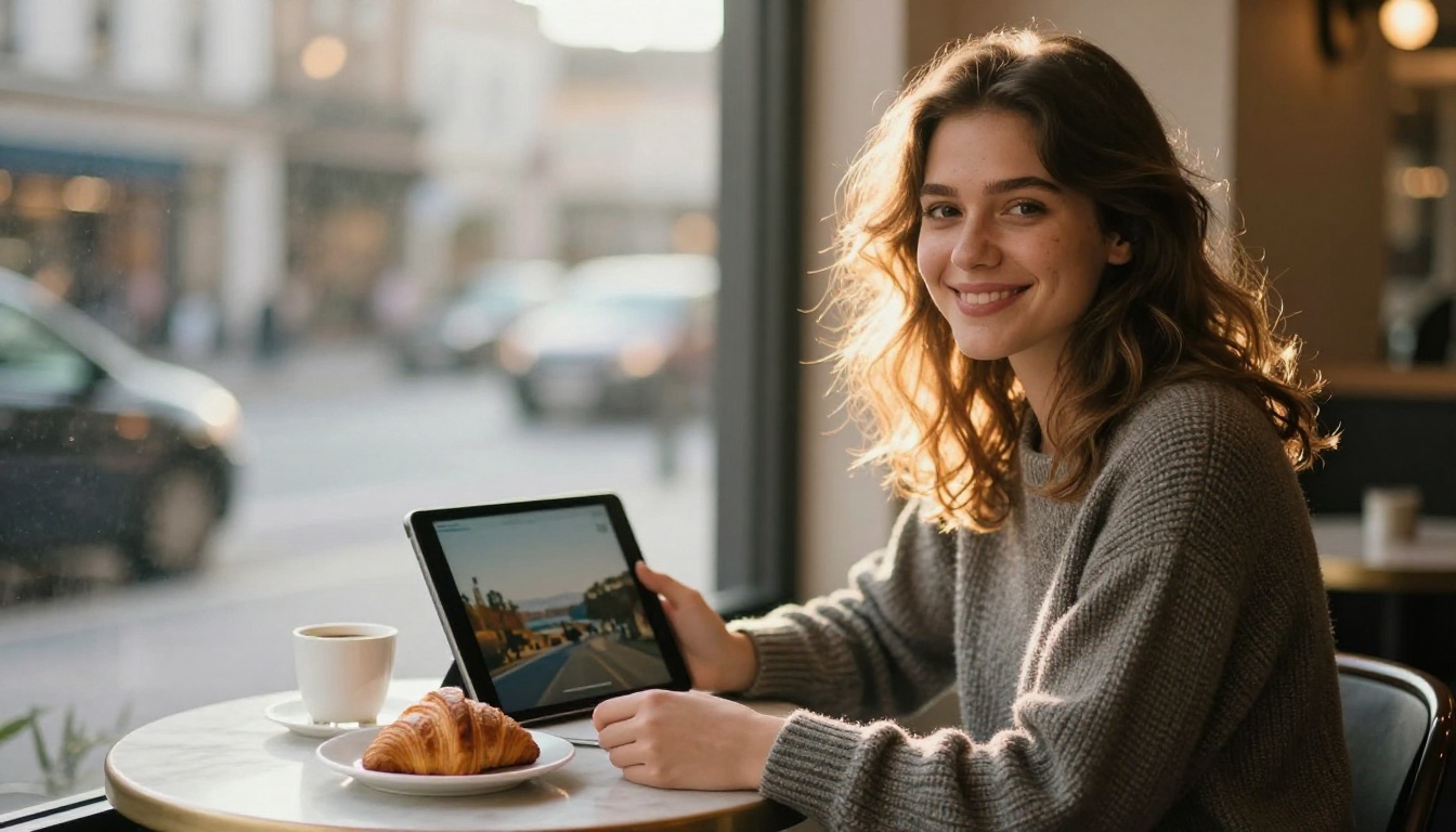 Young woman at a cafe window holding a tablet in golden light