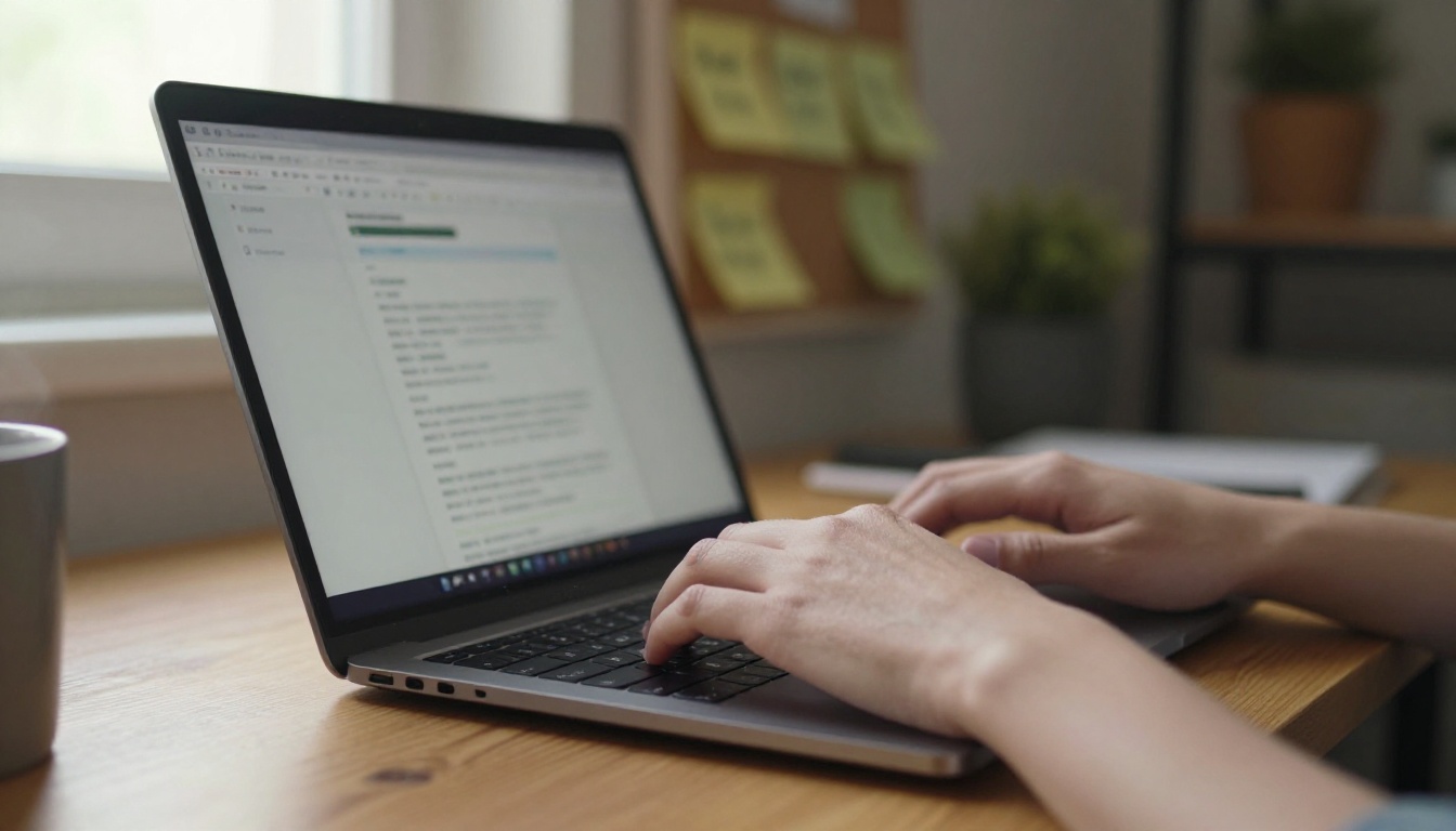 Over-the-shoulder view of a developer's hands on a laptop with a blurred dashboard and sticky notes behind