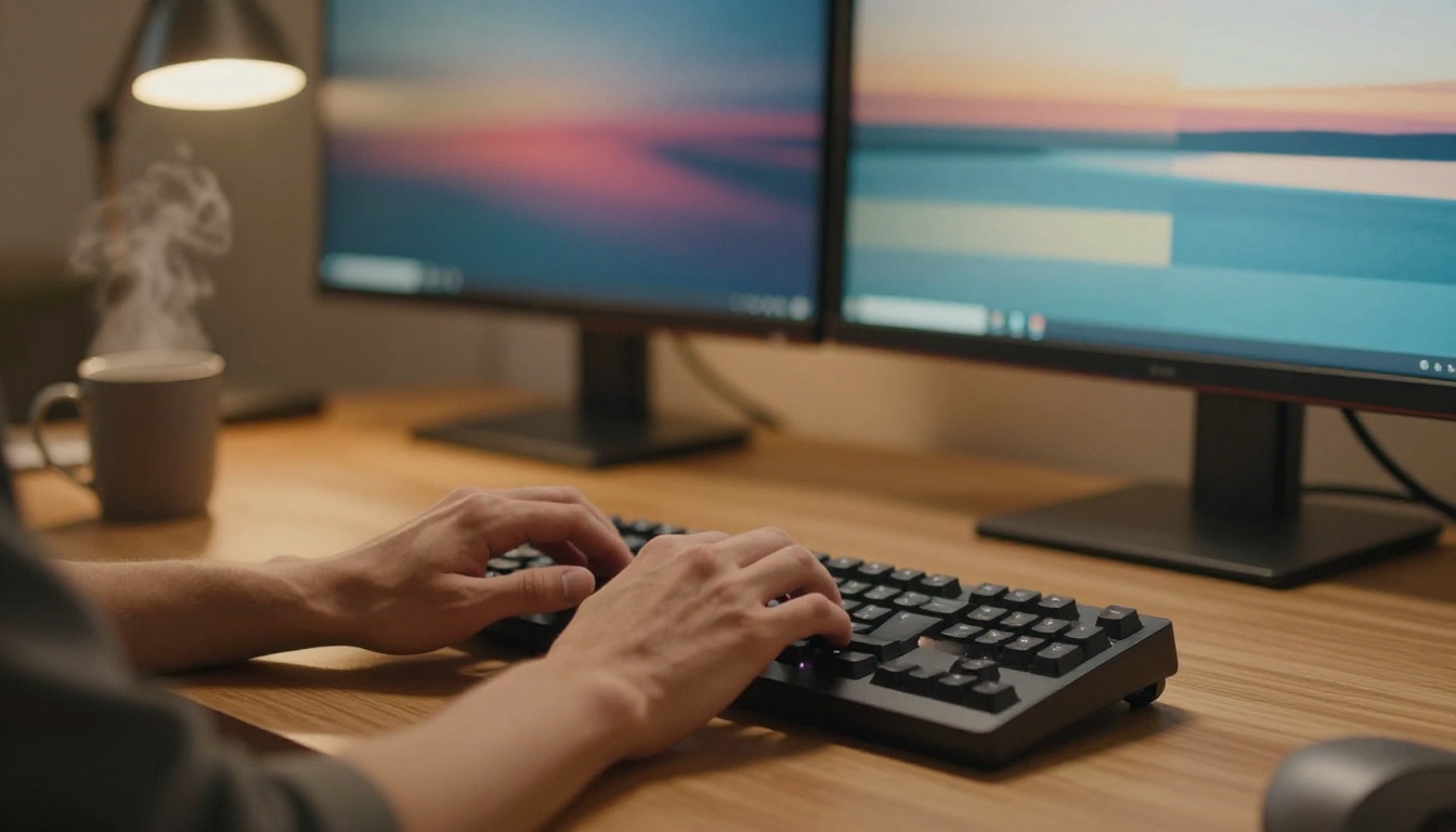 Developer's hands typing at a standing desk with two blurred monitors behind