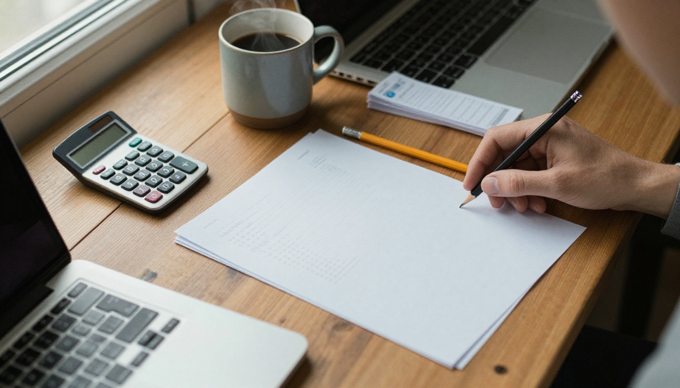 Wooden desk with a calculator, paper receipts, and a coffee mug under soft window light