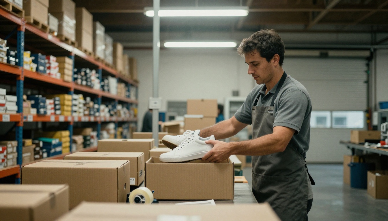 Warehouse worker lifting white trainers from a cardboard box at a packing station