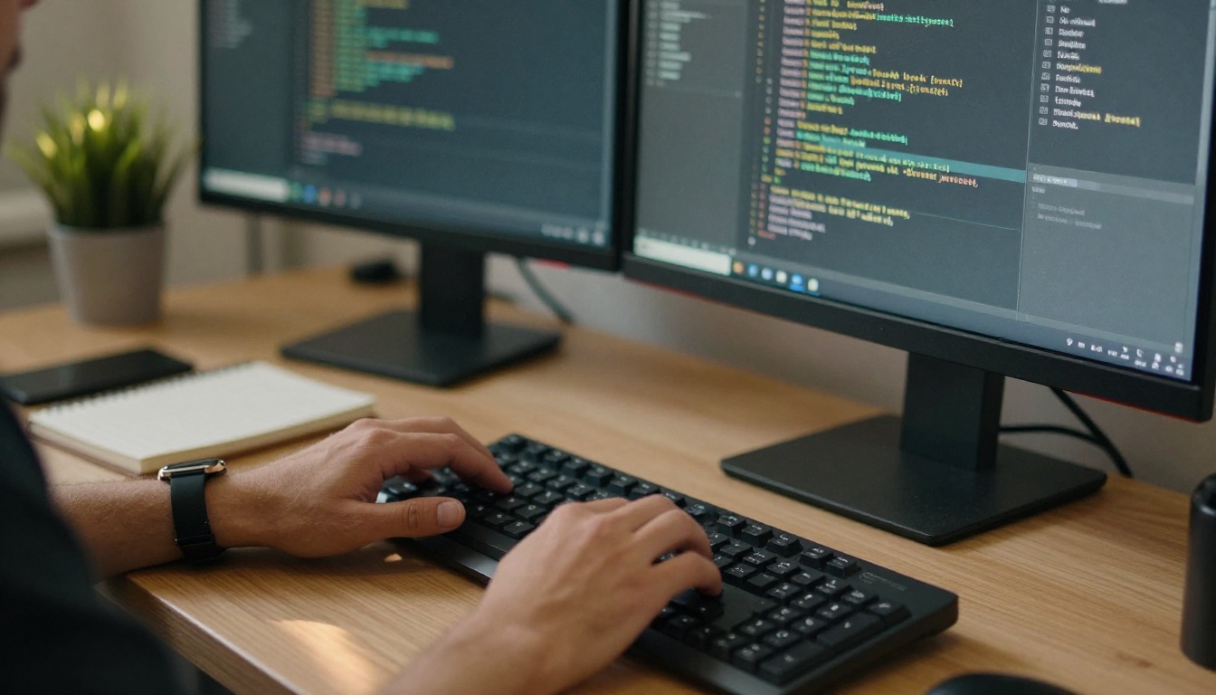 Developer typing at a dual monitor desk in late afternoon sunlight