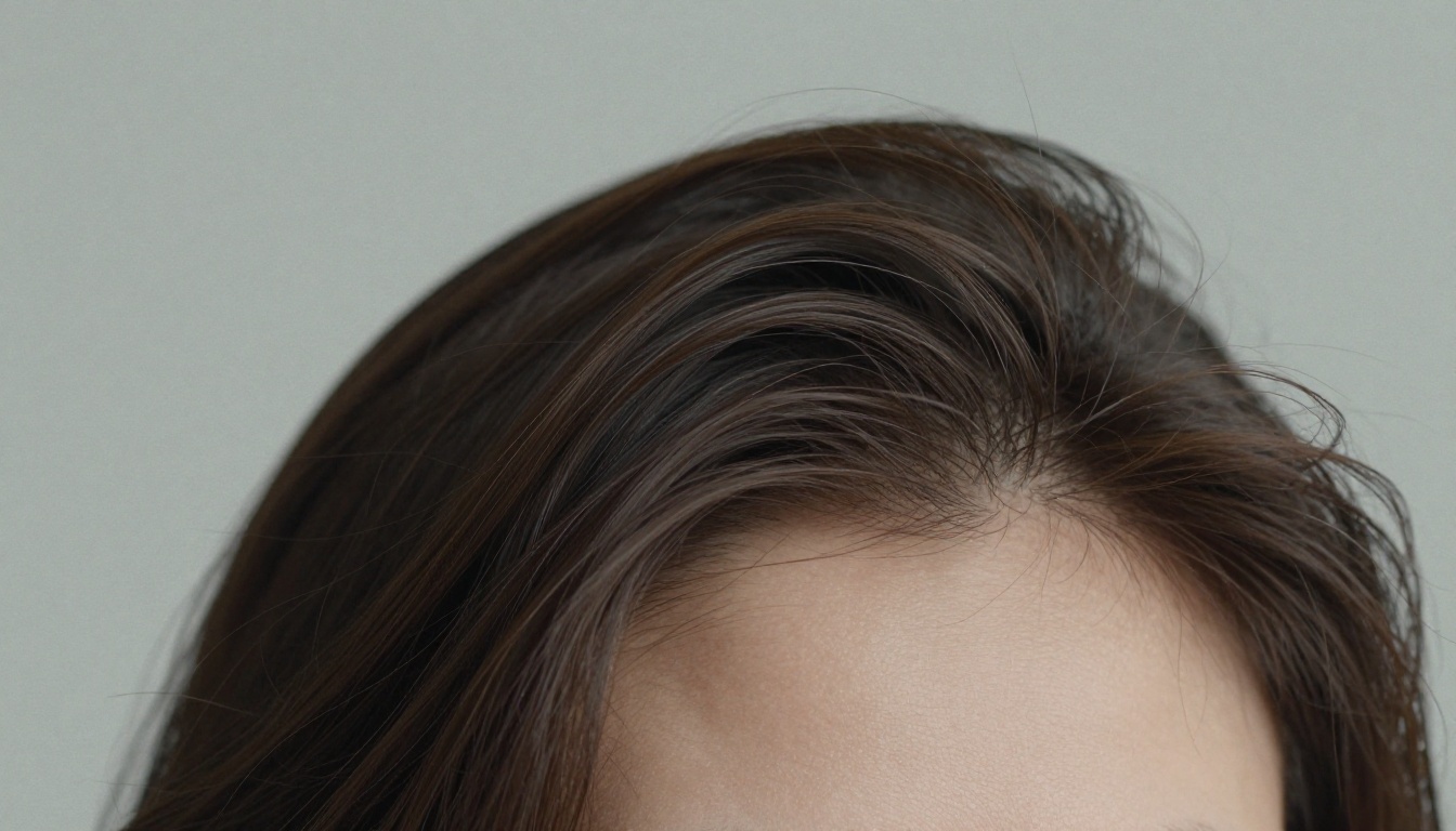 Close-up of wind-tossed hair strands against a pale grey backdrop
