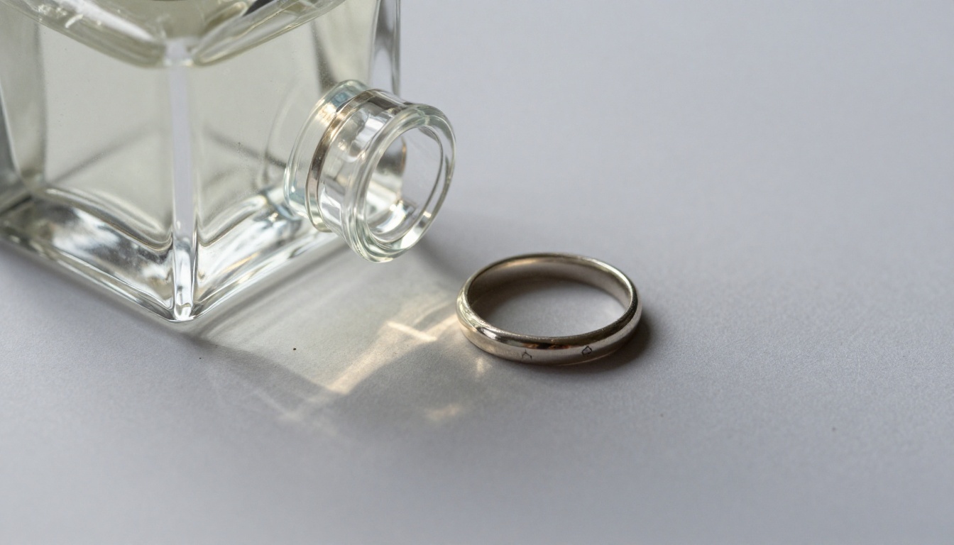 Macro photo of a glass perfume bottle and a silver ring on grey paper