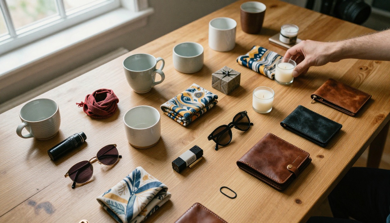 Long wooden table crowded with small products ready for photographing