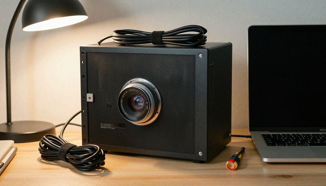 Desktop computer and laptop on a workshop shelf with neatly bundled cables