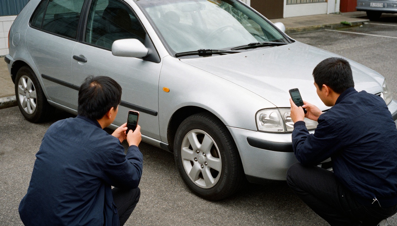 Salesperson crouching beside a silver hatchback in a parking lot to take a listing photo