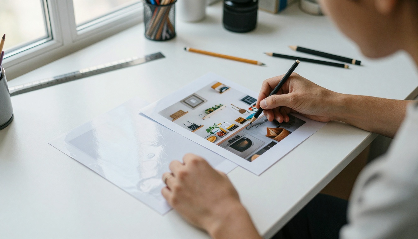 Designer comparing two printed product photographs, one with a plain white background