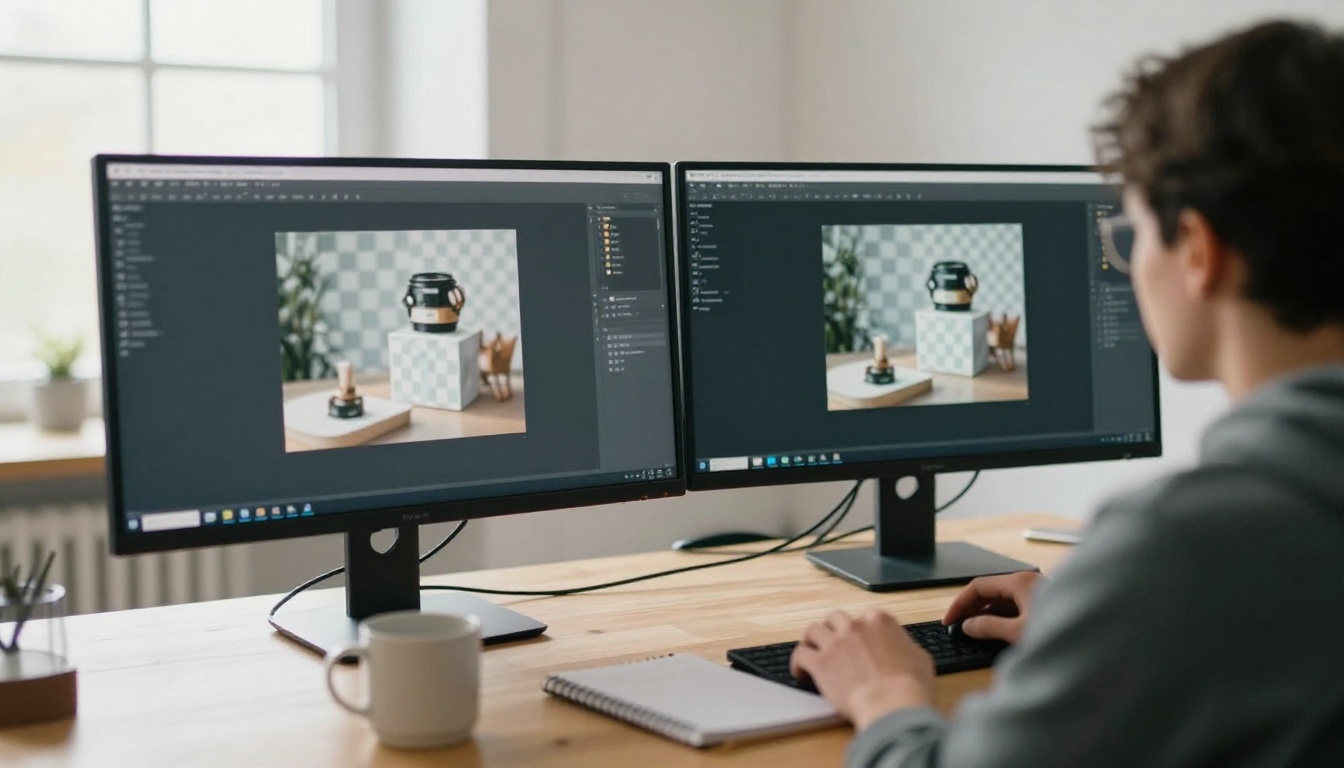 Developer at a standing desk reviewing product photos with transparent backgrounds on two monitors