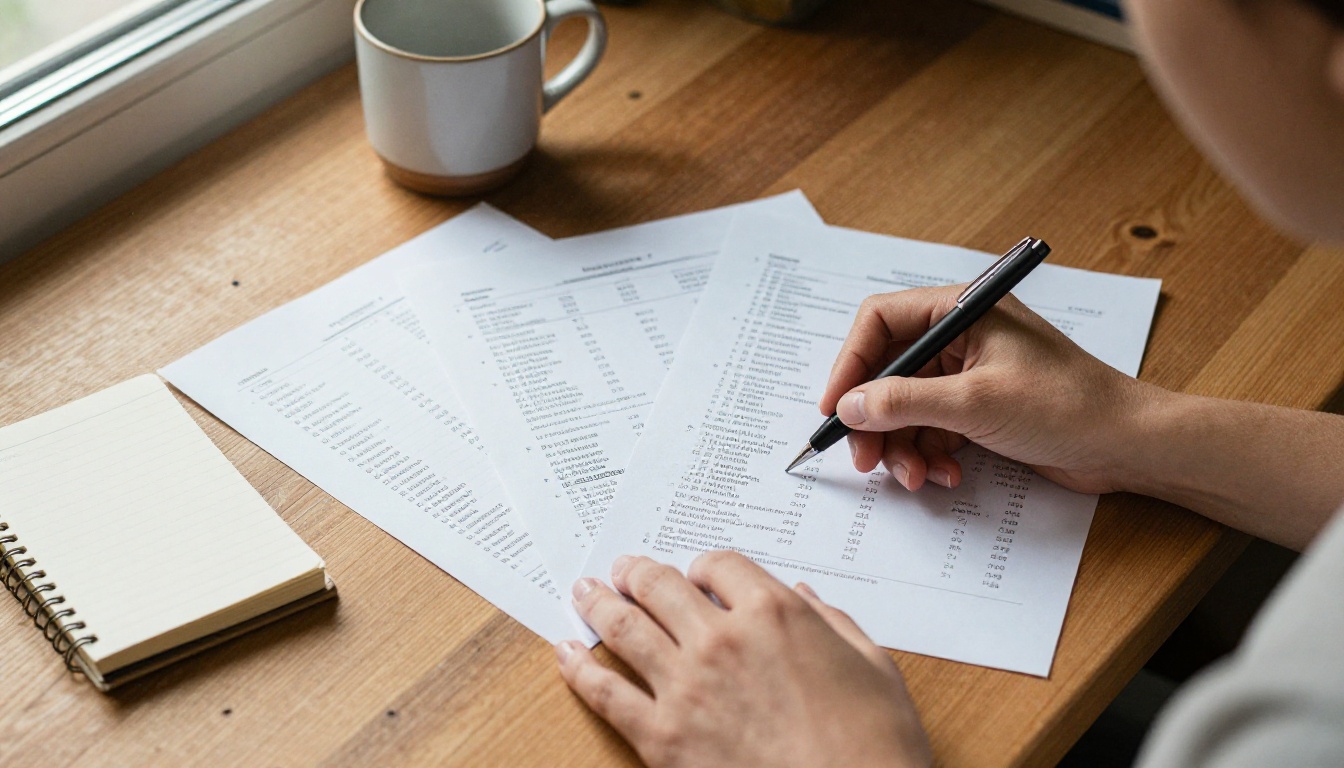 A freelance online seller comparing printed price sheets at a sunlit wooden desk