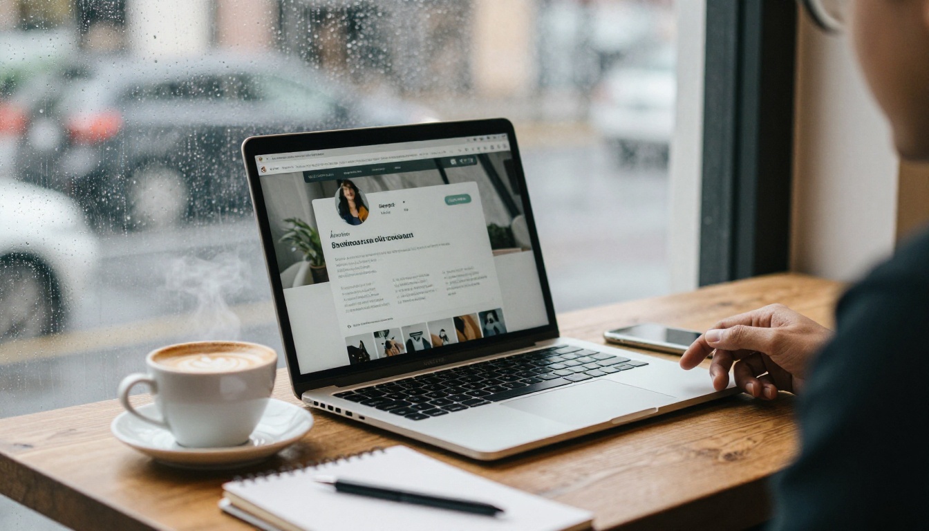 Freelance designer testing an image tool on a laptop at a café table