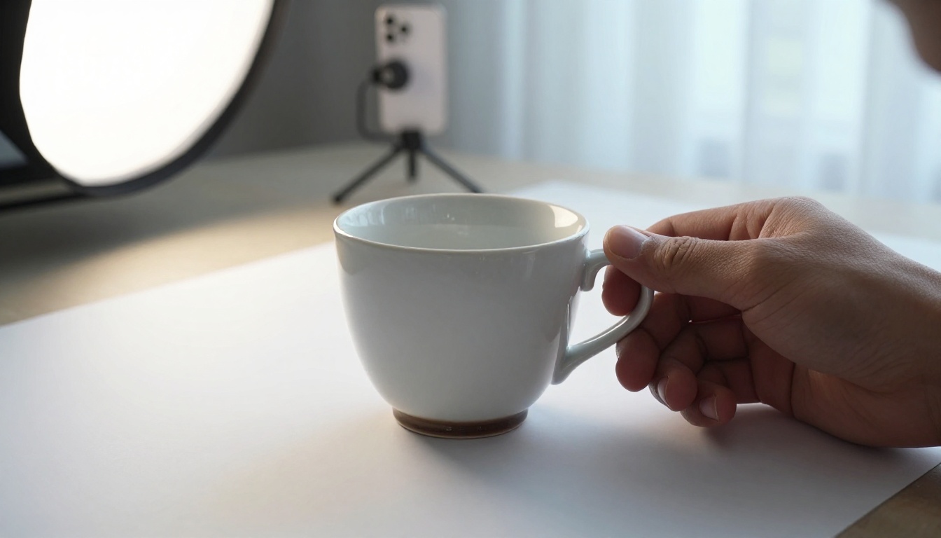 Hand placing a glossy ceramic mug on a white paper backdrop for a product photo