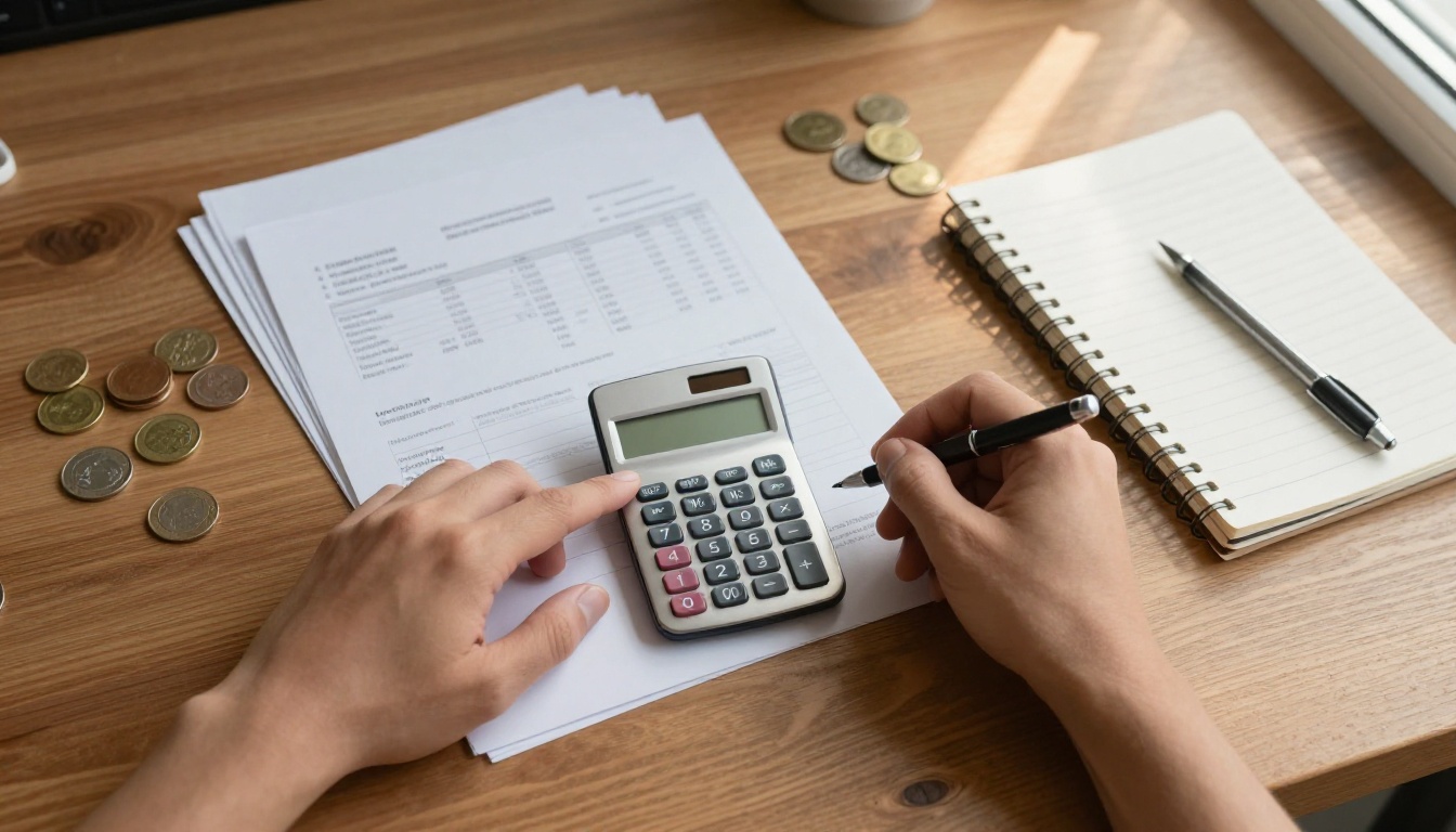 Overhead view of a desk with a calculator, printed invoices and coins for adding up image costs