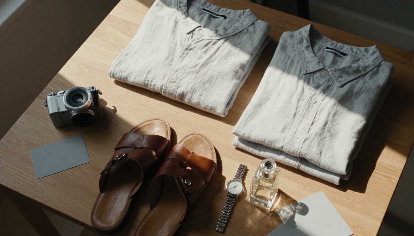 Overhead flat-lay of shirts, sandals, a watch and perfume bottles on a packing table